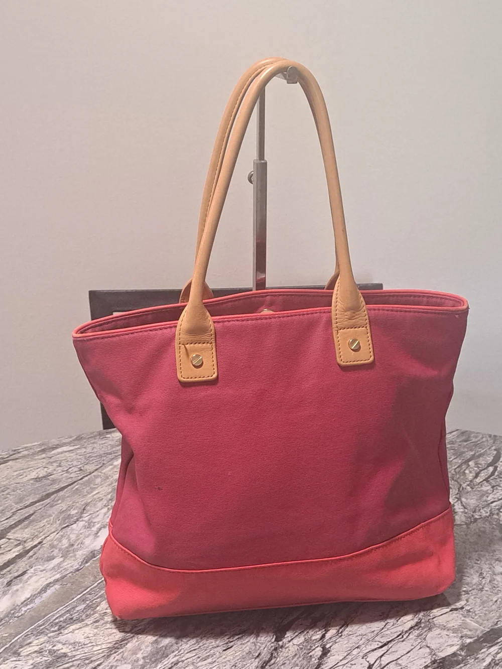 Tory Burch Red Canvas Tote with Tan Leather Handles